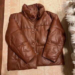 Free people leather puffer jacket in rust